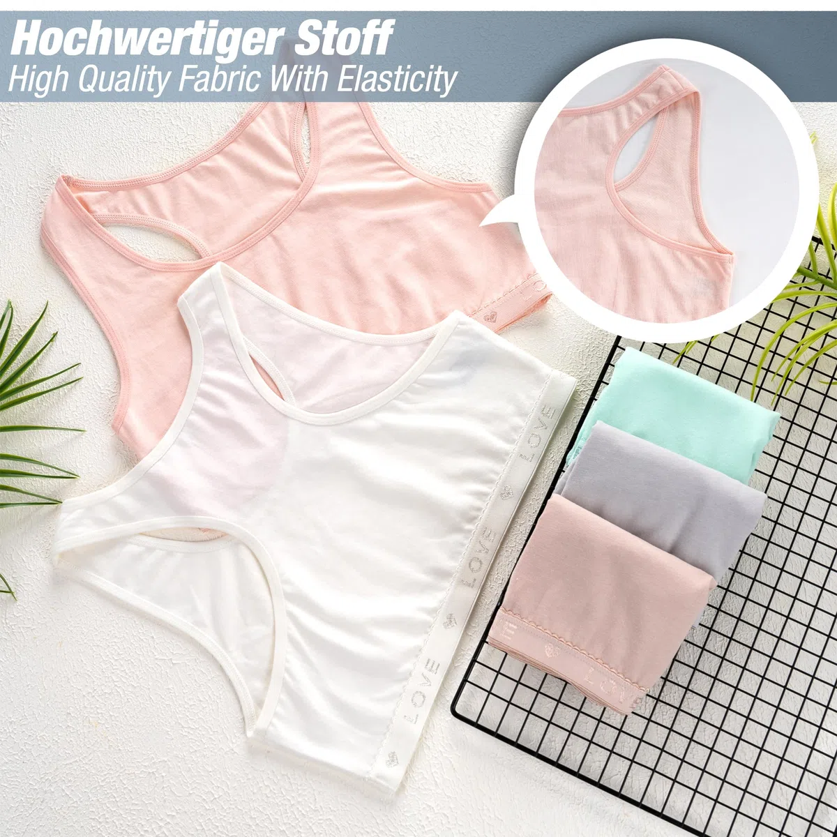 LOREZA ® 5 Mädchen Bustier Baumwolle Strass & Glitzer Sport BH