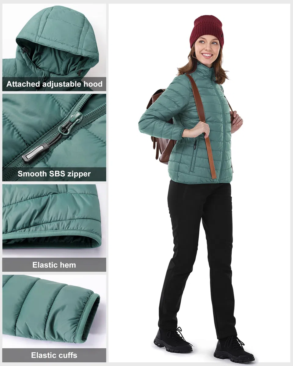 Outdoor Ventures Damen Steppjacke Leichte Packbare Übergangsjacke Warme Winterjacke mit Kapuze für Frauen Gefüttert Pufferjacke mit Taschen für Freizeit Wandern Reisen
