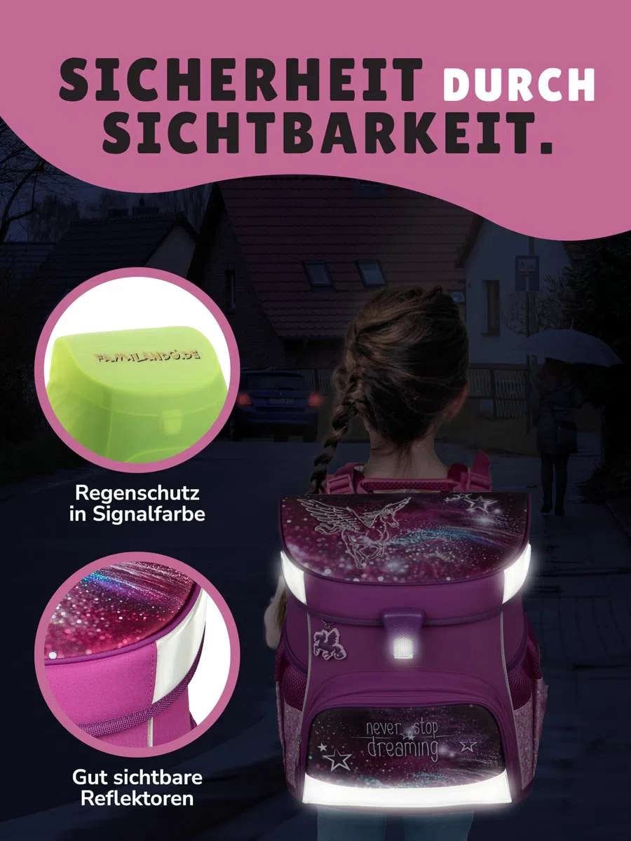 Familando - Scooli Campus Fit Schulranzen Set - 9-teilig mit Sporttasche - Pegasus Violett - Ergonomisch, Stabil & 980g leicht - 18L Volumen - Brustgurt & Reflektoren - Für Grundschule ab 1. Klasse