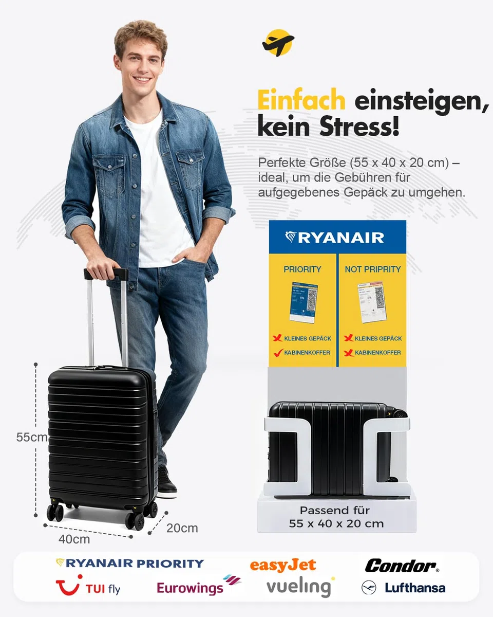 Lekesky Handgepäck Koffer 55x40x20cm - Trolley Handgepäck mit TSA Schloss und 4 Abnehmbaren Rollen, Leicht Hartschale für Ryanair, Lufthansa, Eurowings, 40L, Schwarz