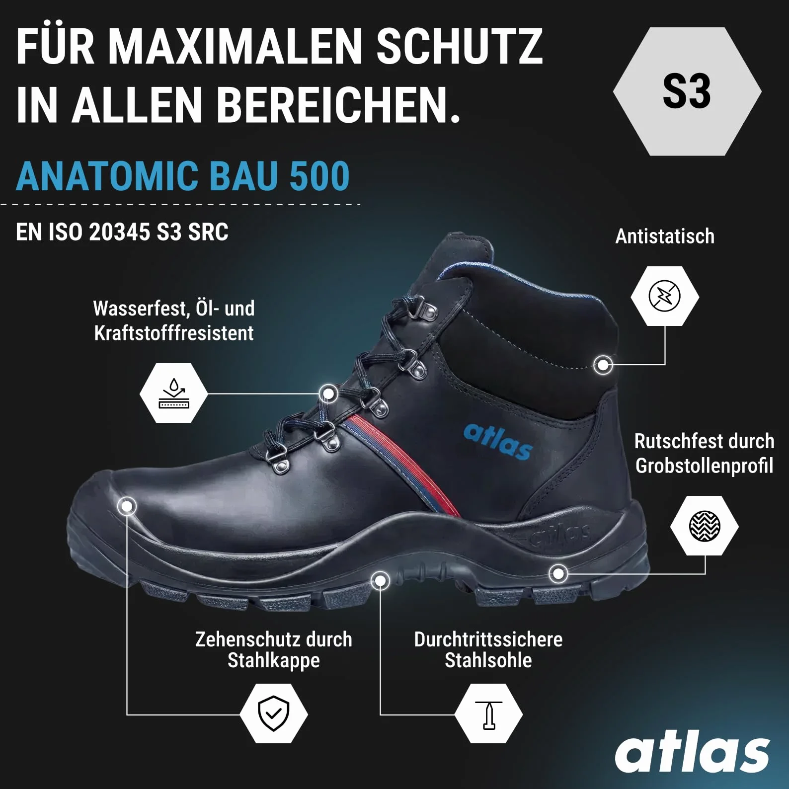 Atlas ANATOMIC BAU 500 S3 Sicherheitsschuhe, Arbeitsschuhe Herren mit Stahlkappen, Rutschfest, Wasserdicht, Weite 12