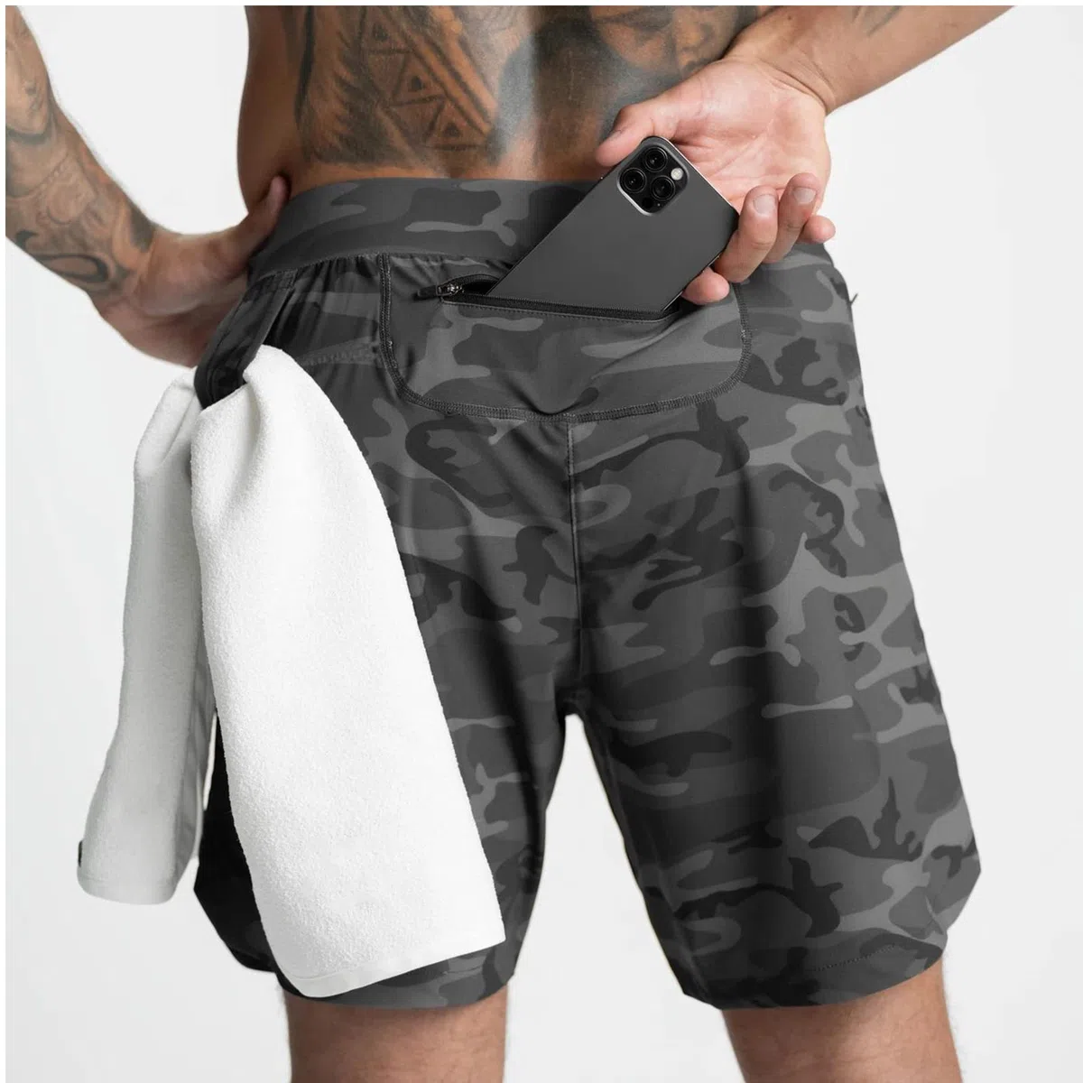 Herren Sport Shorts Kurze Hose Schnell Trocknend Sporthose Schnelltrocknende Laufshorts Gym Trainingsshorts Kurze Schnell Trocknend Reißverschlusstasche, Camouflage Grau