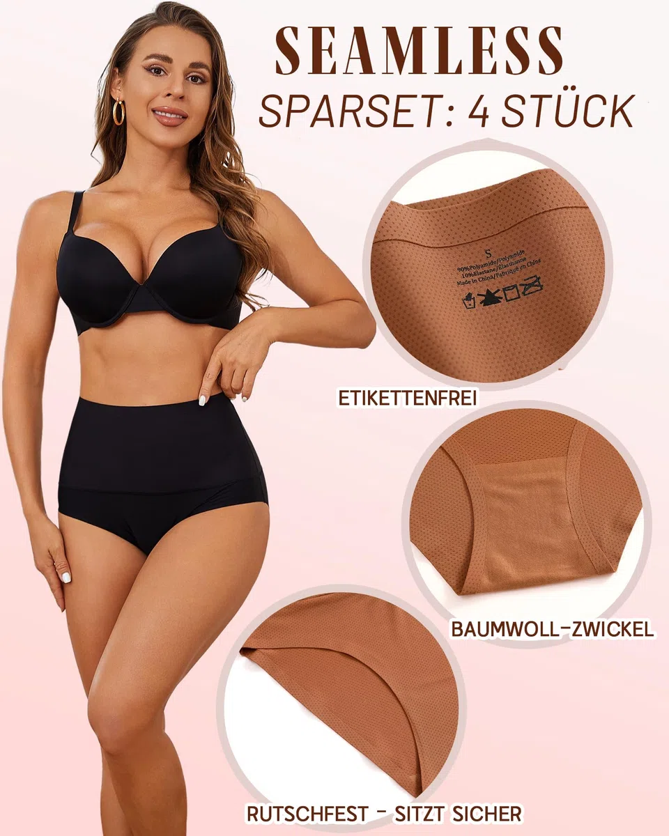 READY TO LOVE Unterhosen Damen Große Größen Seamless Slips Damen Hohe Taille Nahtlose Taillenslip High Waist Unterwäsche Frauen No Show Slip Pantys Atmungsaktiv Nahtlos Slips Mehrpack 4er Pack S-3XL