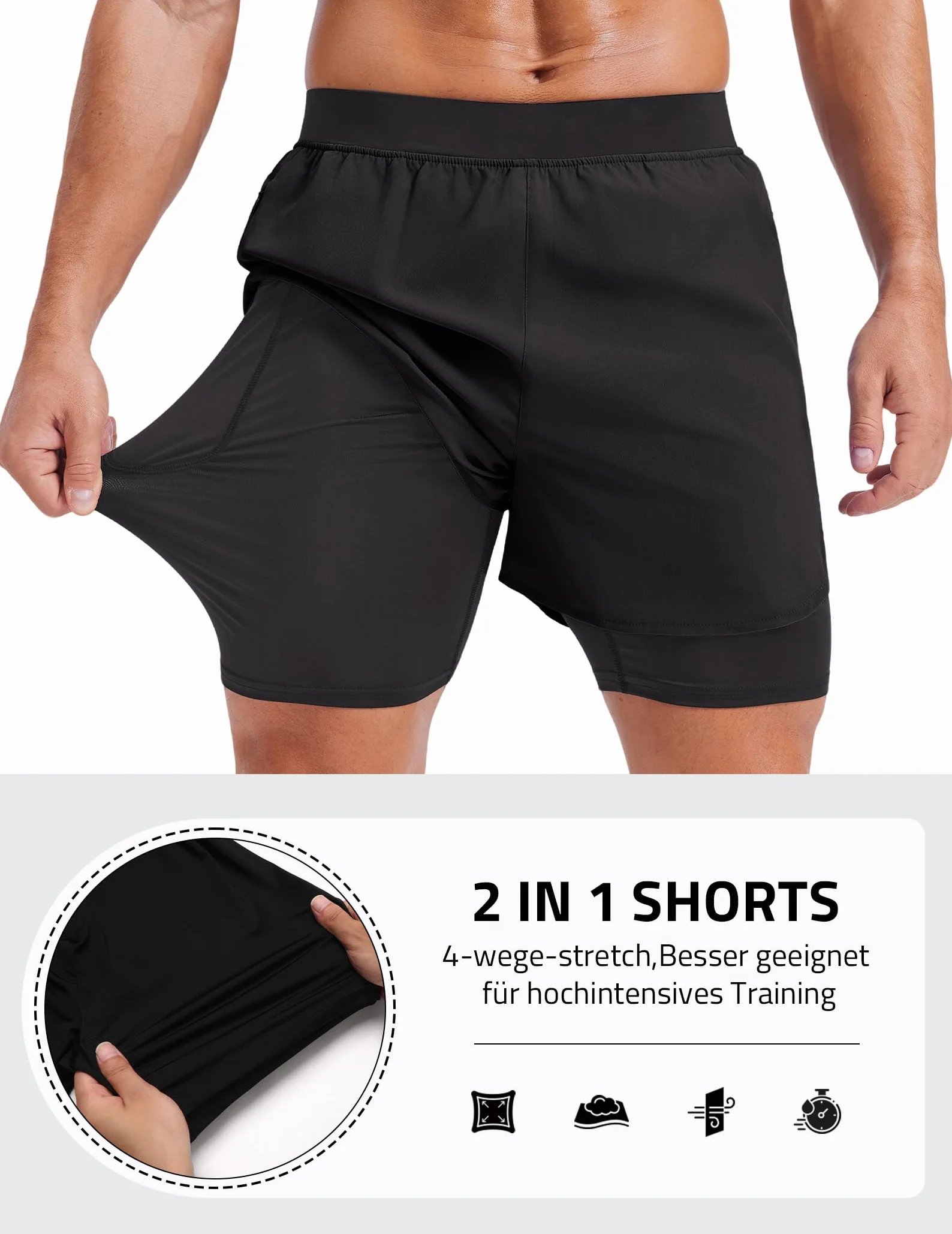 PINSPARK Herren Sport Shorts 2 in 1 Laufshorts mit Kompressionsshorts | Schnelltrocknende, atmungsaktive Marathon-Shorts, geeignet für Sommer-Fitness, Laufen, Wandern, Surfen und Radfahren