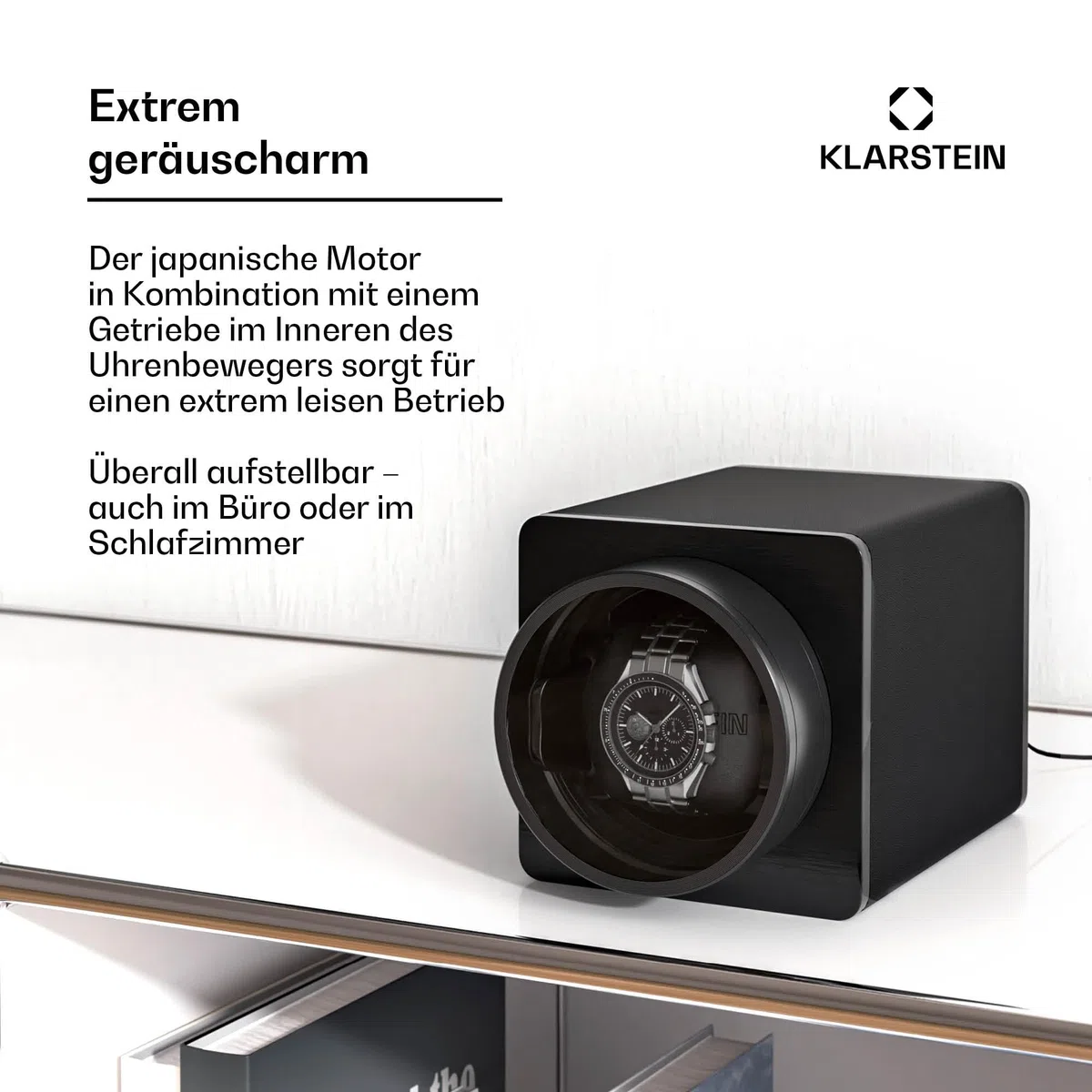 Klarstein TimeSync Uhrenbeweger – Leiser Mabuchi-Motor, veganes Leder, 5 TPD, Batteriebetrieb und Netzstrom, für 1 Automatikuhr, Schwarz – Uhrenbeweger für Automatikuhren