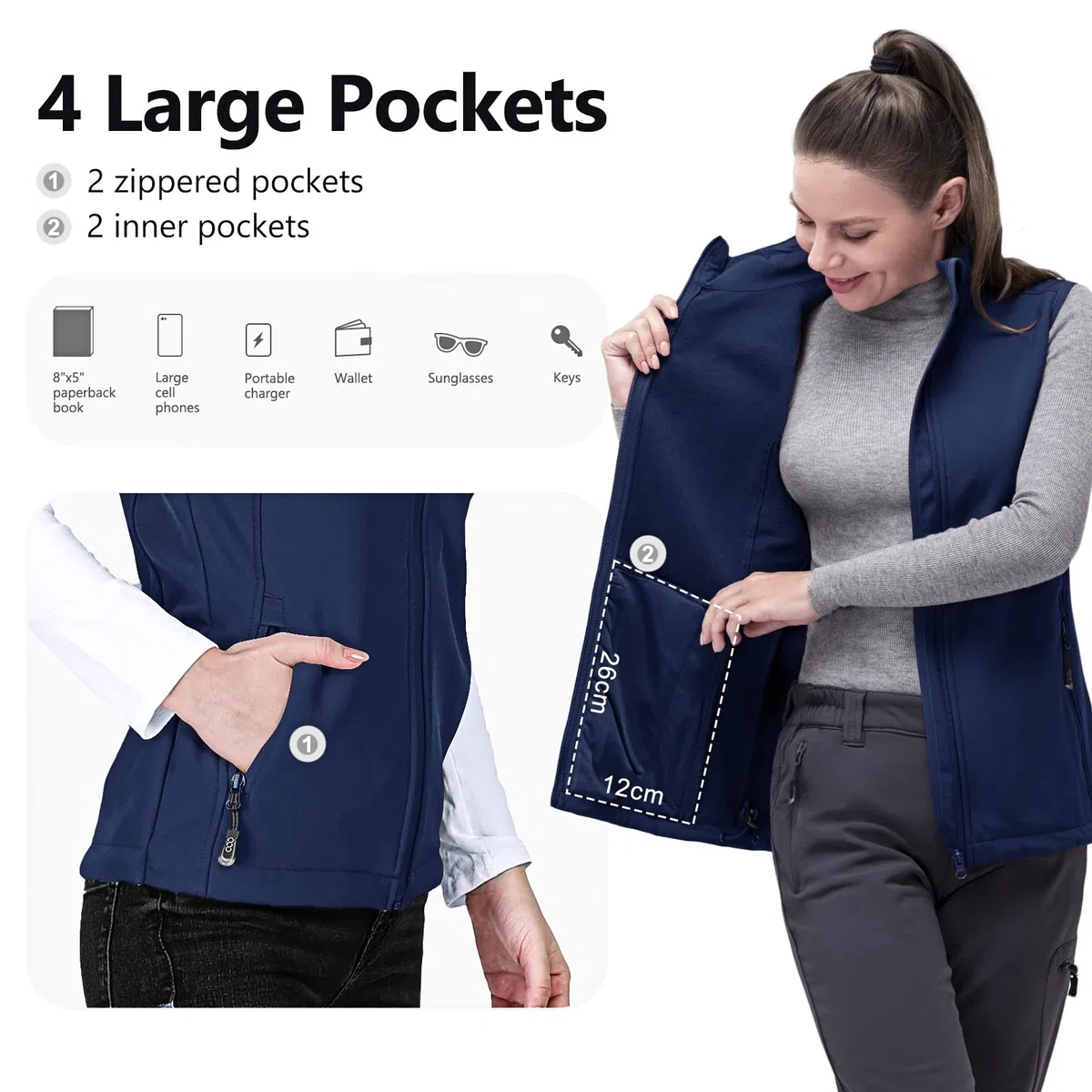 Damen Outdoor Softshell Weste Wasserdicht Ärmellose Jacke Winddichte Fleece für Laufen Golf Wandern 33,000ft