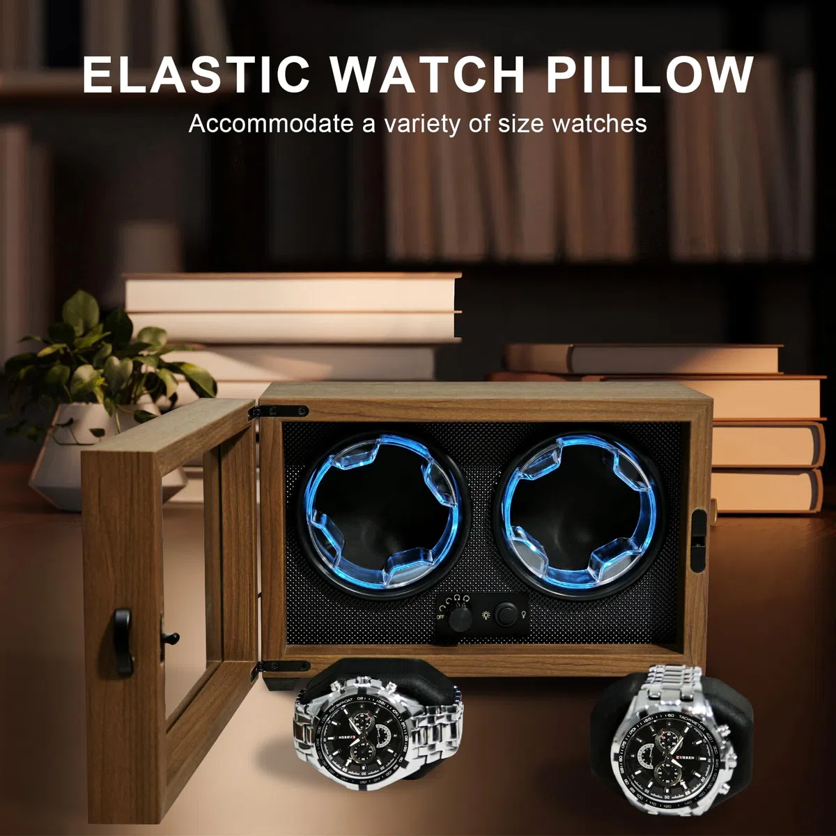 Isili Doppel Uhrenbeweger für Automatikuhren, Dual Uhrenbeweger Box für Uhrenliebhaber, mit leisem Motor 4-Rotationsmodus Einstellung, blaues Licht, elastische Uhrenkissen, Geschenk für Mann
