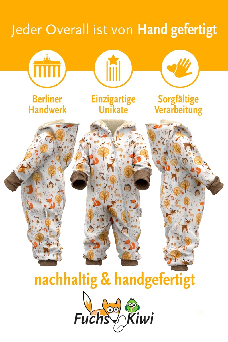 Fuchs & Kiwi Softshelloverall Baby mit Kapuze – Regenoverall mit Fleece gefüttert – Öko-Tex – Handmade in Berlin – Softshellanzug Kinder & Kleinkind