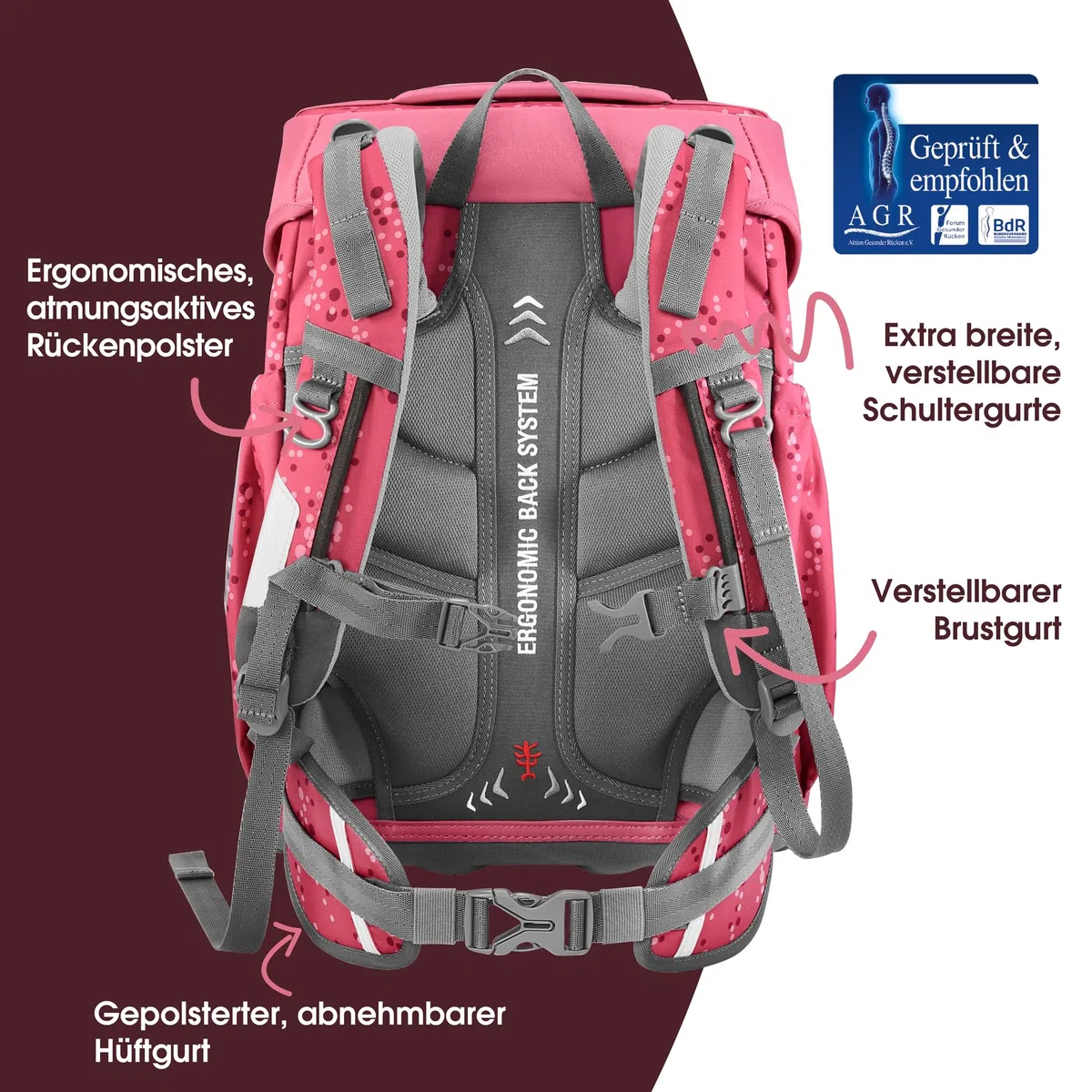 Step by Step Basis Schulranzen-Set „Pink Bubbles“, 4-teilig, rosa, ergonomischer Tornister mit Reflektoren, Hüft- und Brustgurt, für Kinder ab der 1. Klasse, 20 Liter