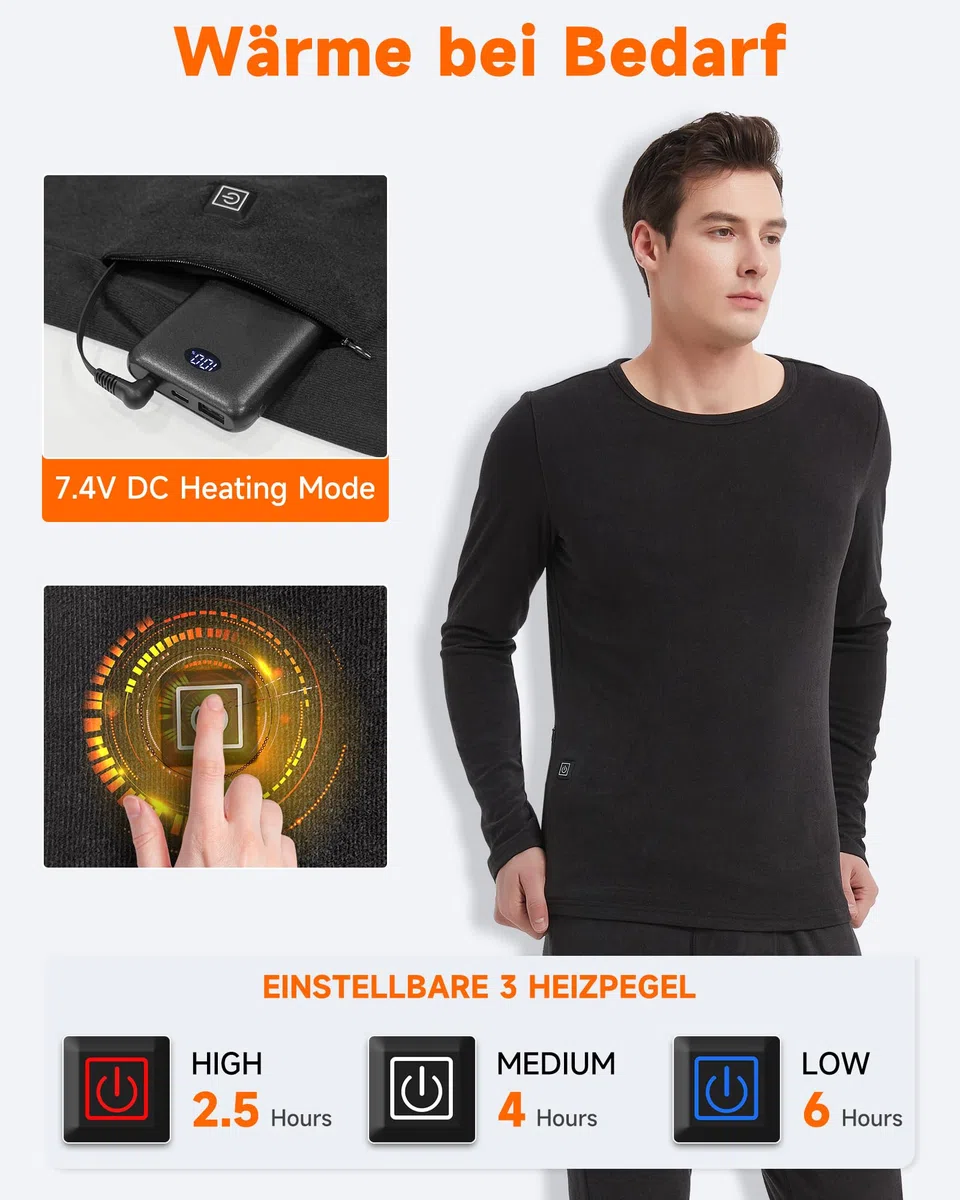 Beheizbare Langarm Shirt Herren mit Power Bank Mittelgewicht Beheizte Thermounterwäsche Oberteile Elektrische Thermounterhemd Basisschicht