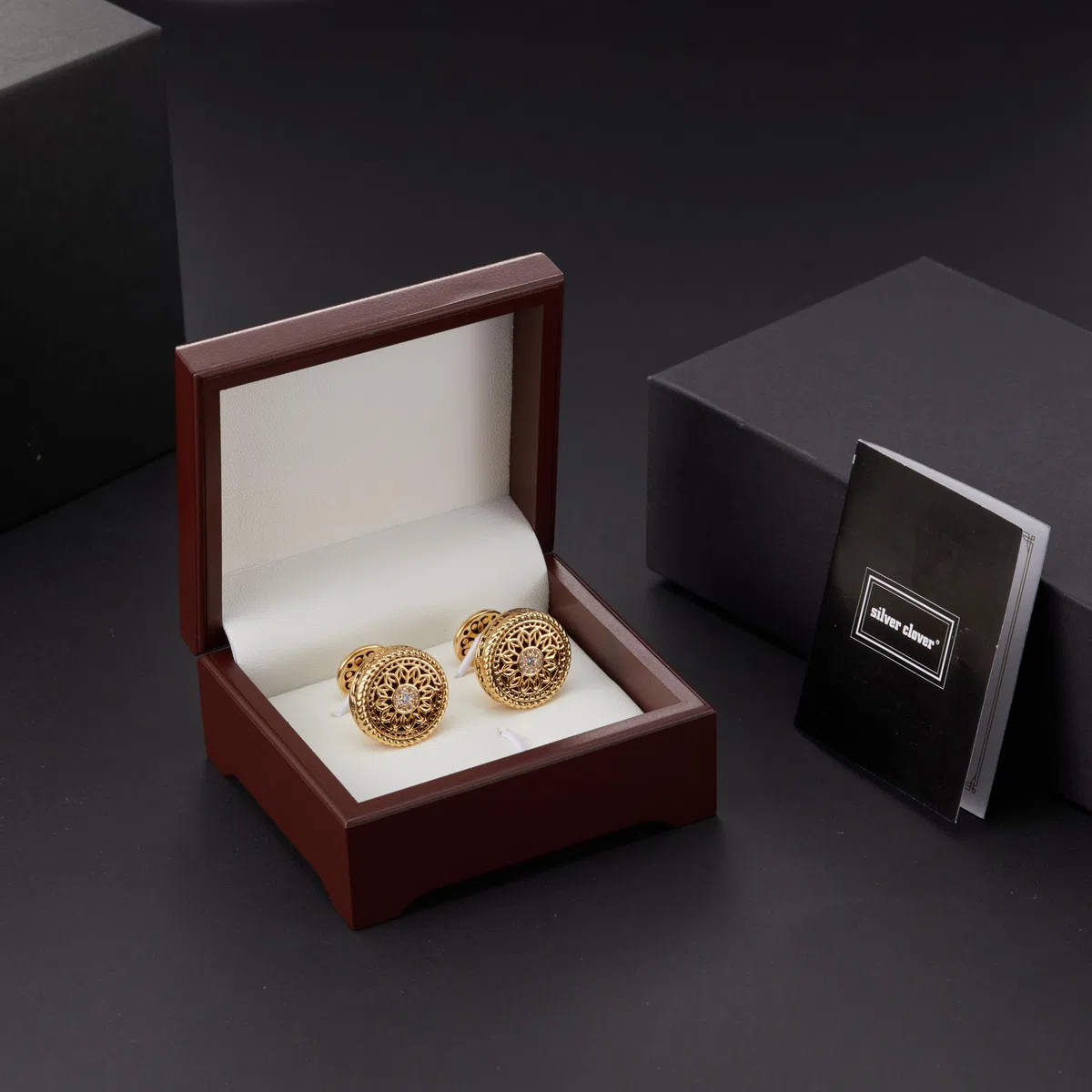 18K Gold und Platin plattiert Manschettenknöpfe für Männer - Vintage Floral Celtic Knot Design mit Strass Diamant in der Mitte