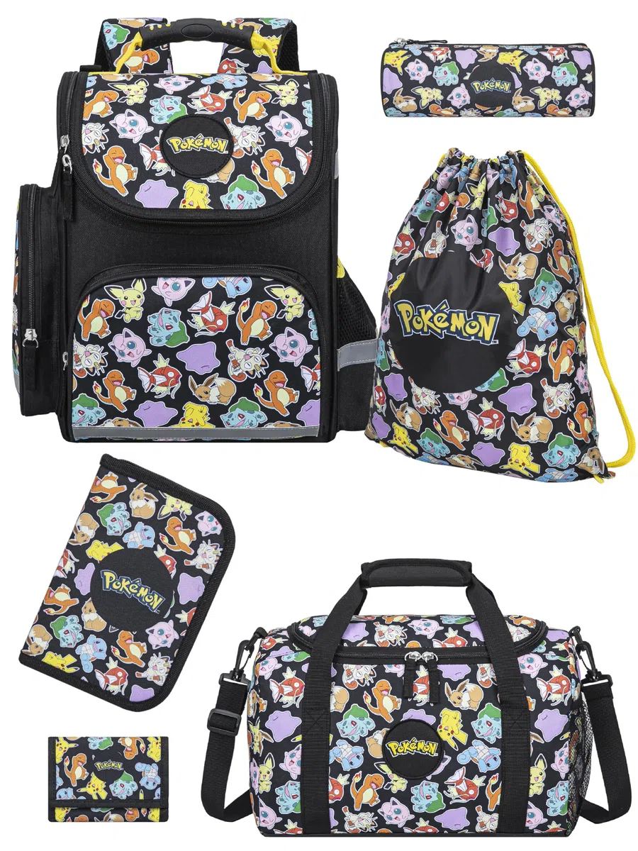 Familando - Schulranzen Set - 6-teilig mit Sporttasche - Pokémon (Pikachu Motiv) - Ergonomisch, stabil & mit gepolstertem Rücken - 1010g leicht - 18L Volumen - Mit Reflektoren - ab 1. Klasse