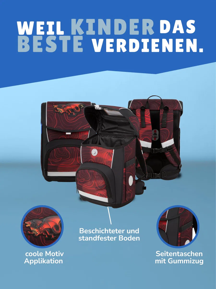 Familando - McNeill Basic Schulranzen Set - 10-teilig mit Schultüte - Drachen - Ergonomisch & Verstellbarer Brustgurt - 960g leicht mit 21L Volumen & Reflektoren - Für Grundschule ab 1. Klasse