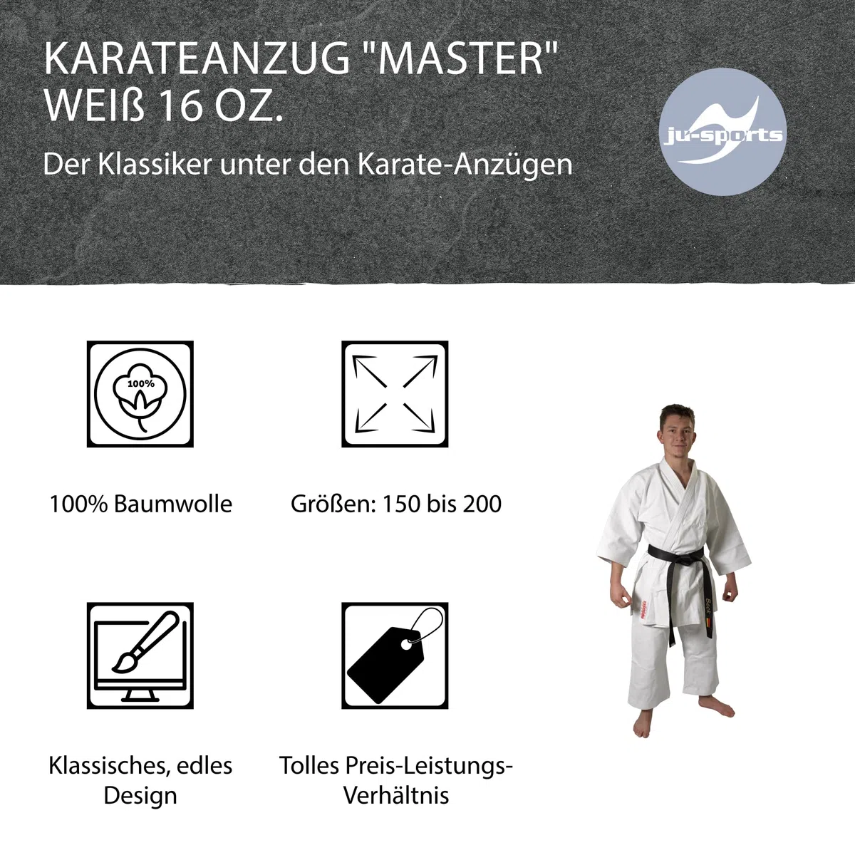 Ju-Sports Karate Anzug Master weiß 16 oz. I Schwerer Karateanzug im kurzem Kata-Schnitt I Kimono mit traditioneller Hosenschnürung I Ärmelenden absteppt für lauten Soundeffekt I 100% Baumwolle