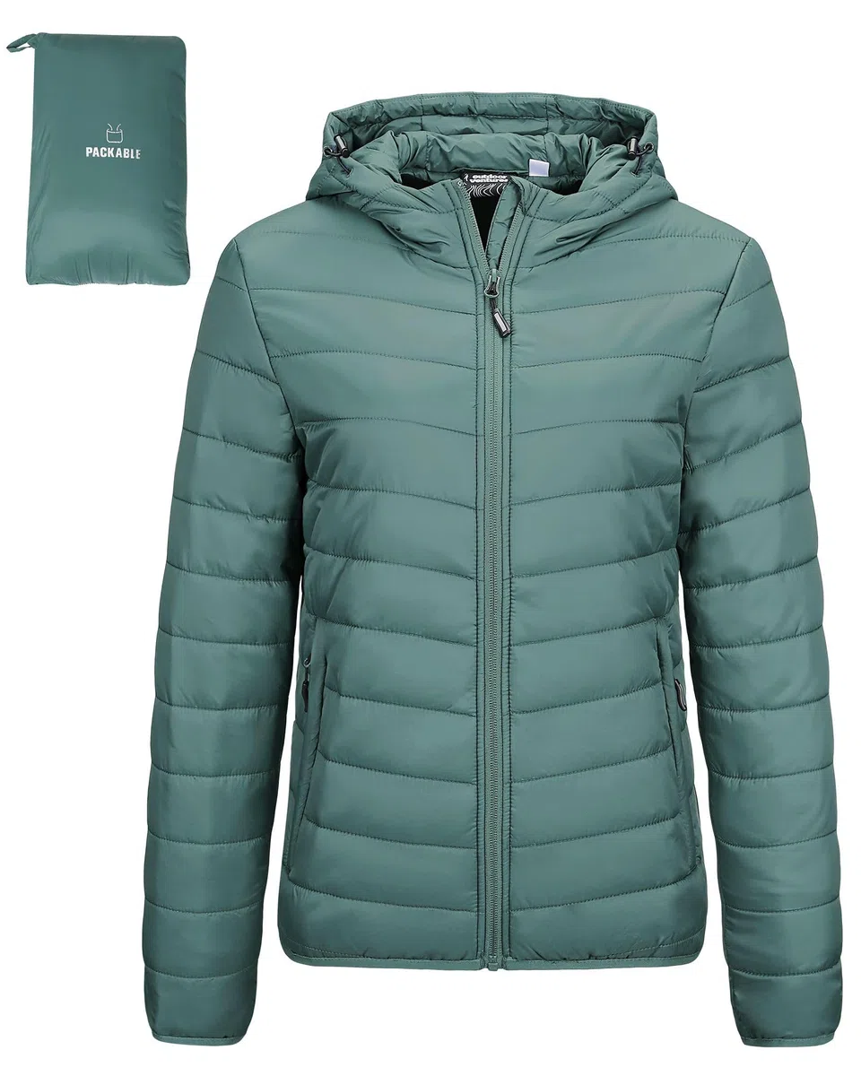 Outdoor Ventures Damen Steppjacke Leichte Packbare Übergangsjacke Warme Winterjacke mit Kapuze für Frauen Gefüttert Pufferjacke mit Taschen für Freizeit Wandern Reisen