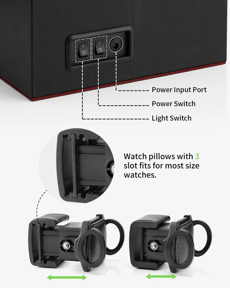 Vlando Automatische Uhrenbeweger 2 Uhren, Watch-Winder Leder mit Schmuckaufbewahrung Taschleerer, Japanischem Leisen Motoren, LED Beleuchtung, Wechselstromadapter, Luxuriöse Uhrenbeweger Box