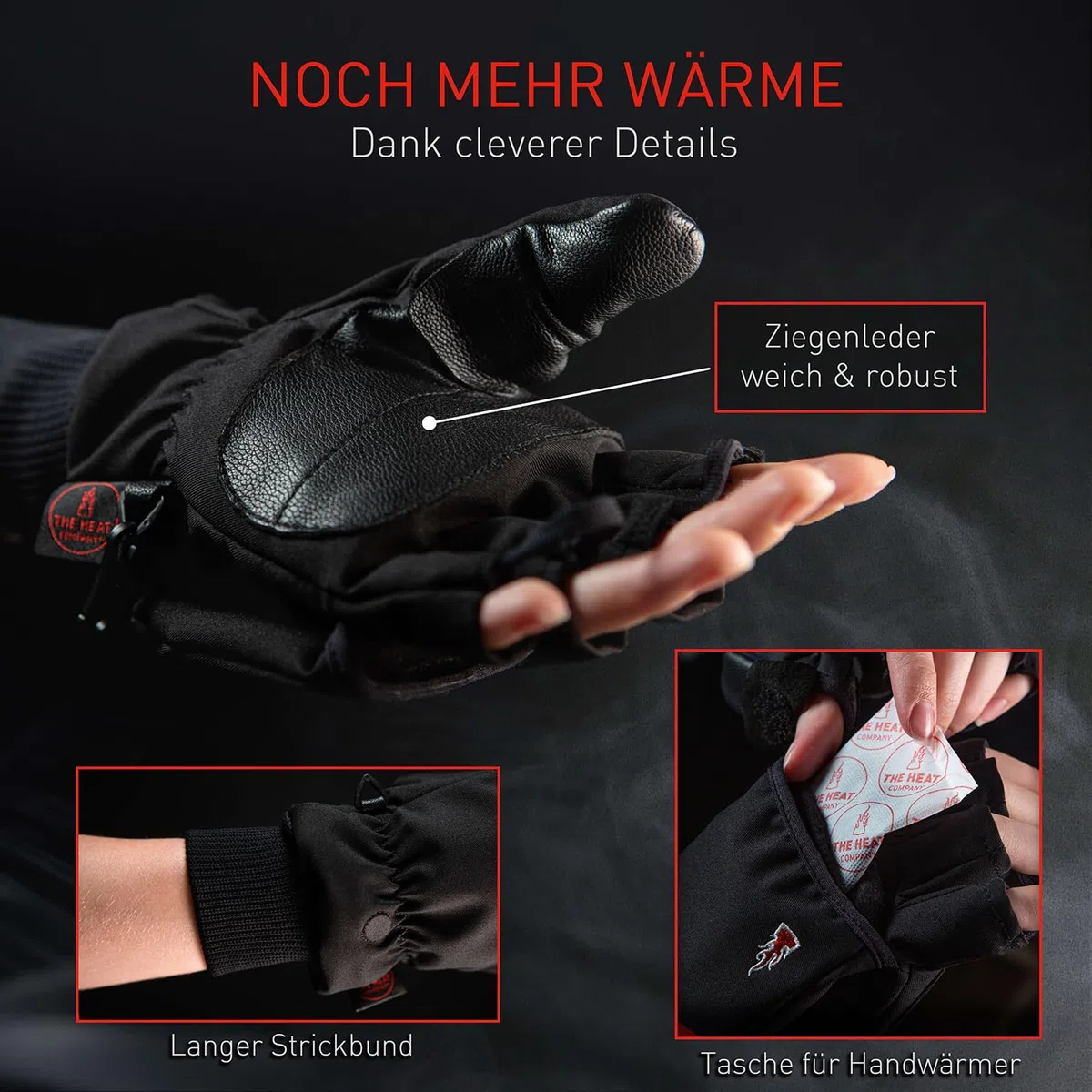 THE HEAT COMPANY - Heat 2 Softshell - Fingerloser Handschuh und Fäustling in einem - Premium Qualität - warme Winterhandschuhe & Fahrradhandschuhe - gegen Kälte bei Sport, Arbeit & Outdoor