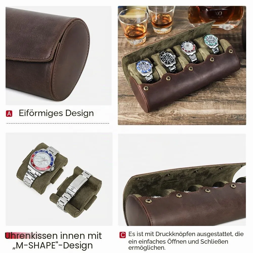 Hiram Uhrenkoffer-Rolle, Echtes Leder Uhren Aufbewahrungsbox 4 Uhren Reiseetui mit abnehmbarem Kissen Tragbarer Uhren-Schutz-Organisator