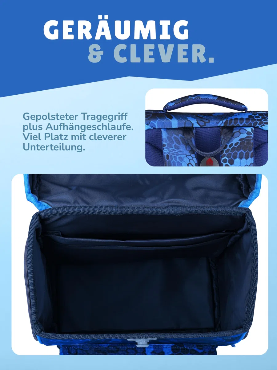 Familando - Basic-Plus Schulranzen Set - 10-teilig mit Schultüte - T-REX Dino - Ergonomisch, stabil & 850g leicht - 15L Volumen - Brustgurt & Reflektoren - Für Grundschule ab 1. Klasse