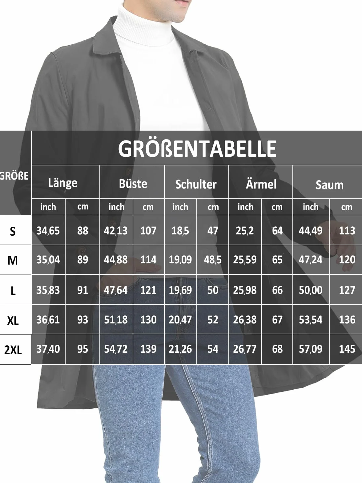 Herren Trenchcoat Einreihig Lang Mantel Leichter Revers Herbst Winter Jacke Übergangsjacke