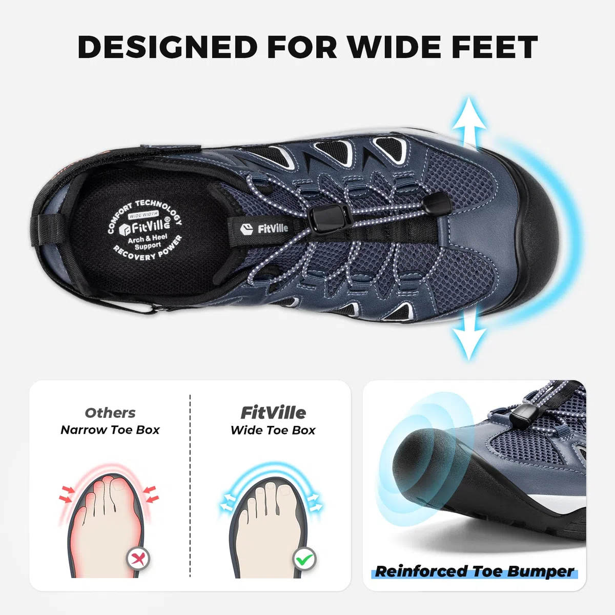 FitVille Weit Outdoor Sandalen Herren Sommer Trekkingsandalen Sport Sandalen mit Fußbett Leder Strand Wandersandalen Bequeme Orthopädische Sandalen Klettverschluss Geschlossen Slipper