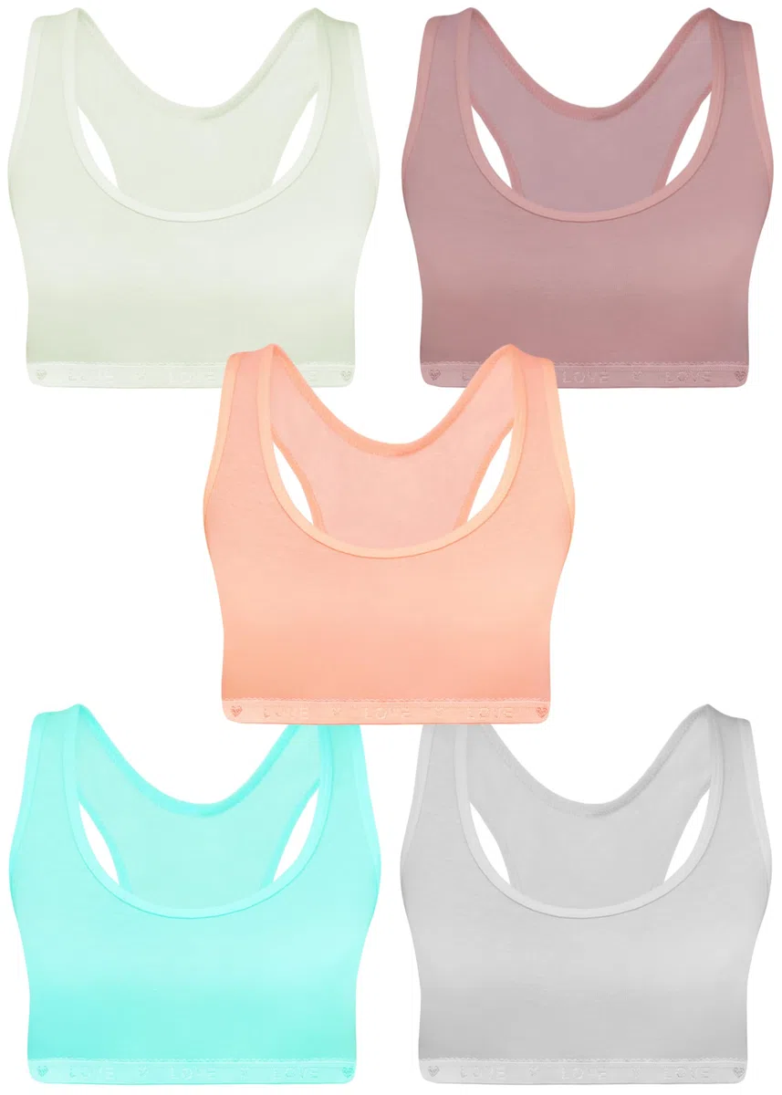 LOREZA ® 5 Mädchen Bustier Baumwolle Strass & Glitzer Sport BH