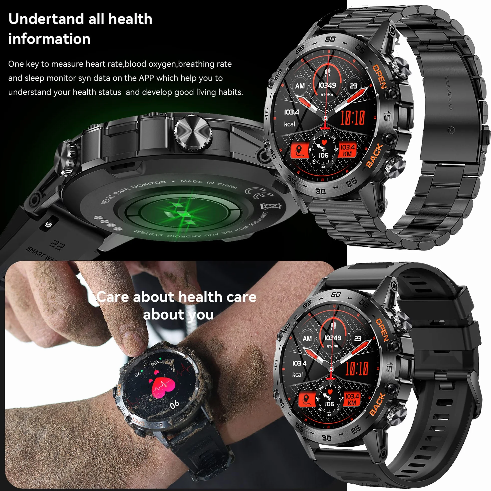 Smartwatch Herren mit Telefonfunktion,1,39”Touchscreen 5ATM Wasserdicht Sportuhr mit Blutdruckmessung, SpO2, 100+ Sportmodi, Outdoor Fitness Tracker Militär Uhr kompatibel mit iOS Android (Schwarz)