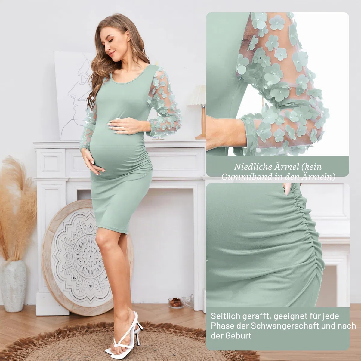 Umstandskleid, Midilänge, lange Rüschärmel floraler Netzstoff, figurbetontes Kleid für Babyparty, Fotoshooting.