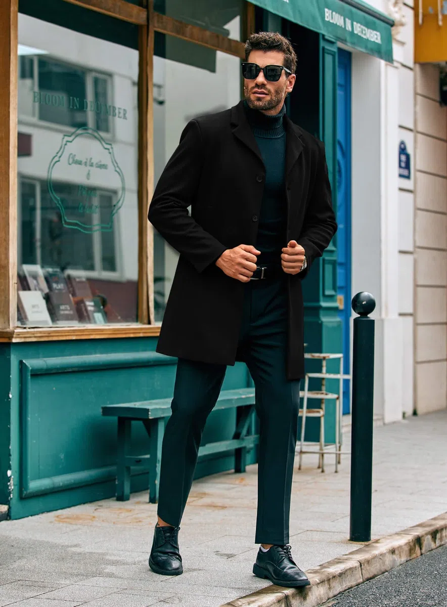 Runcati Herren Mantel Lange Trenchcoat Slim Fit Winter Kerbkragen Jacke Einreiher Business Overcoat