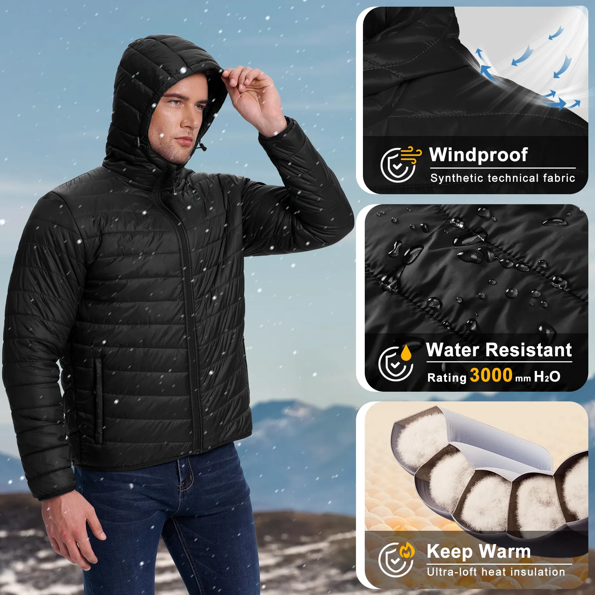 33,000ft Herren Leichte Steppjacke Outdoor Wasserbeständige Übergangsjacke Warme Winterjacke für Männer, Kapuze Wintermäntel Pufferjacke Verstaubar