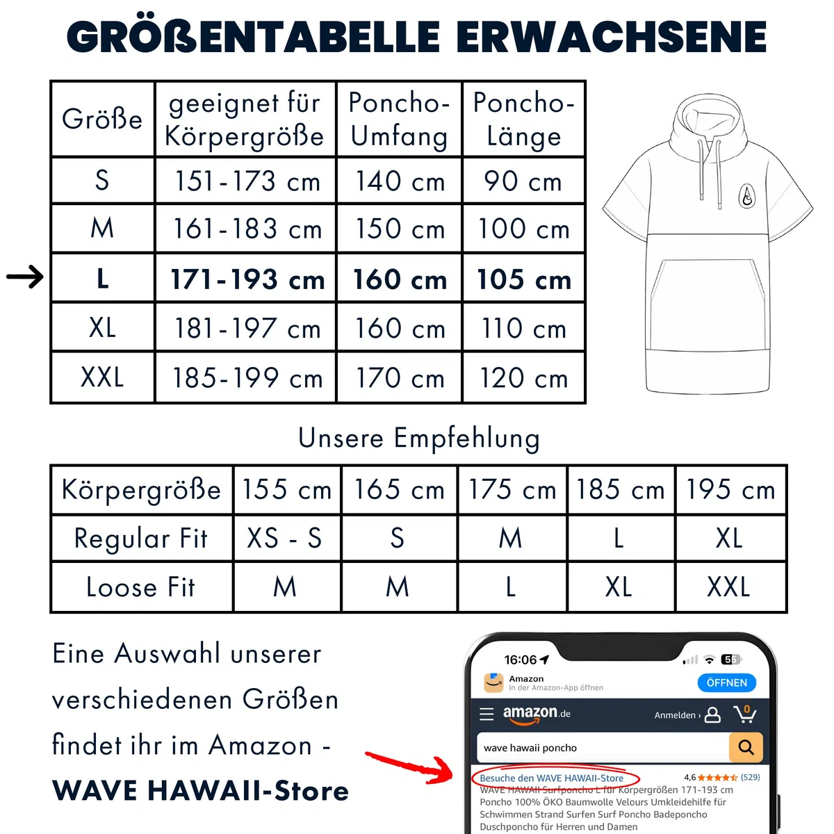 WAVE HAWAII ZIP-Surfponcho L 171-193 cm 100% ÖKO Baumwolle Velours Umkleidehilfe Schwimmen Strand Surfen