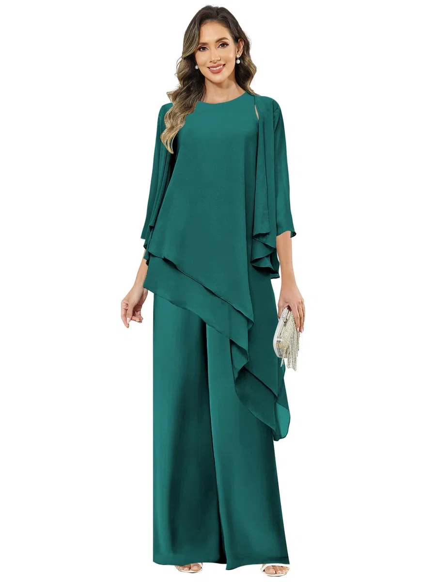 3 Stück Hosenanzug Damen Festlich Elegant,Chiffon Rüschen Mutter der Braut Hosenanzüge 3/4 Ärmel Hochzeit Jumpsuits