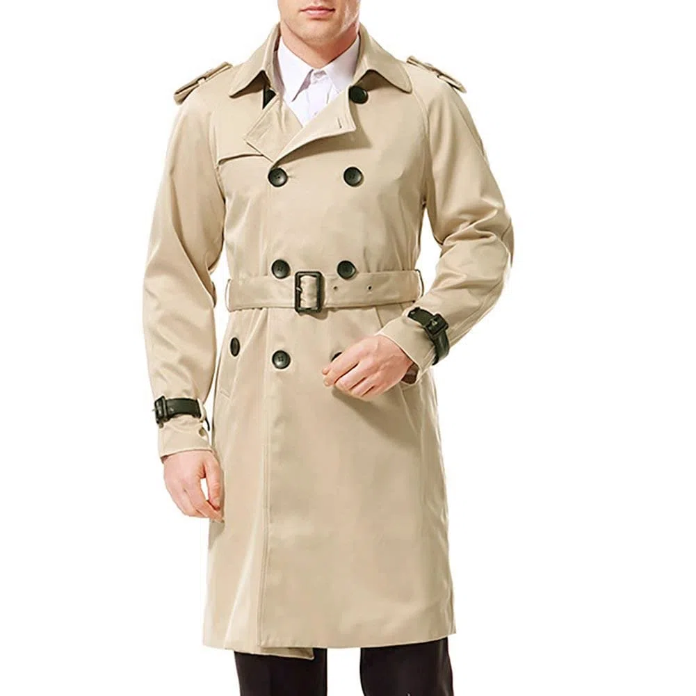 Herren Zweireihiger Trenchcoat mit Gürtel Revers Lang Mantel Business Jacke Frühling Übergangsjacke