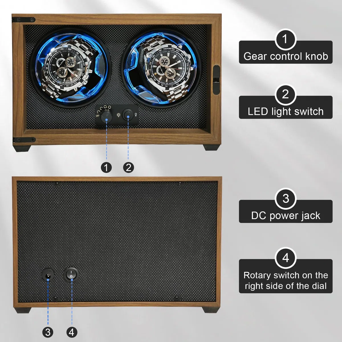 Isili Doppel Uhrenbeweger für Automatikuhren, Dual Uhrenbeweger Box für Uhrenliebhaber, mit leisem Motor 4-Rotationsmodus Einstellung, blaues Licht, elastische Uhrenkissen, Geschenk für Mann