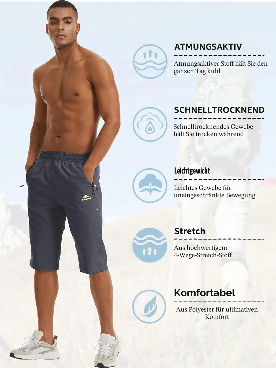 TACVASEN Herren Kurze Wanderhose 3/4 Hose Schnelltrocknende Sport Shorts mit Reißverschlusstasche