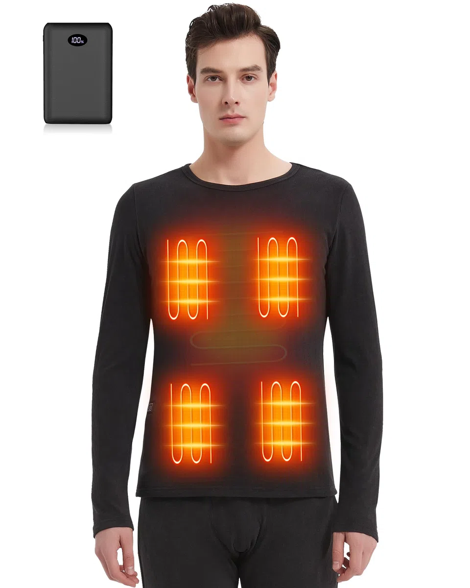 Beheizbare Langarm Shirt Herren mit Power Bank Mittelgewicht Beheizte Thermounterwäsche Oberteile Elektrische Thermounterhemd Basisschicht