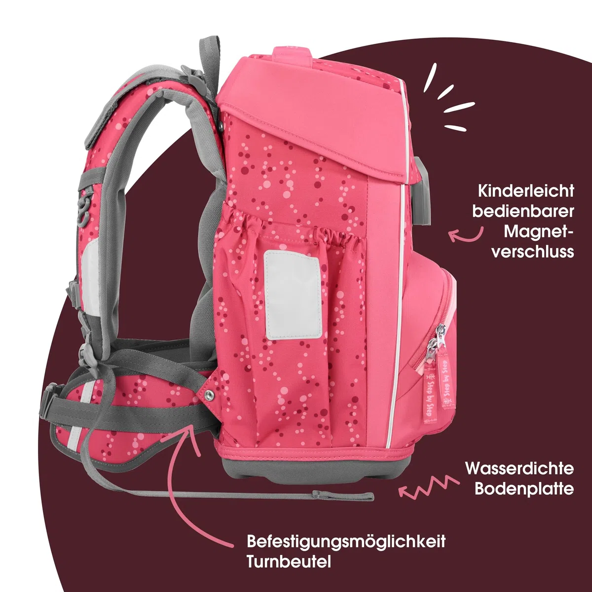 Step by Step Basis Schulranzen-Set „Pink Bubbles“, 4-teilig, rosa, ergonomischer Tornister mit Reflektoren, Hüft- und Brustgurt, für Kinder ab der 1. Klasse, 20 Liter