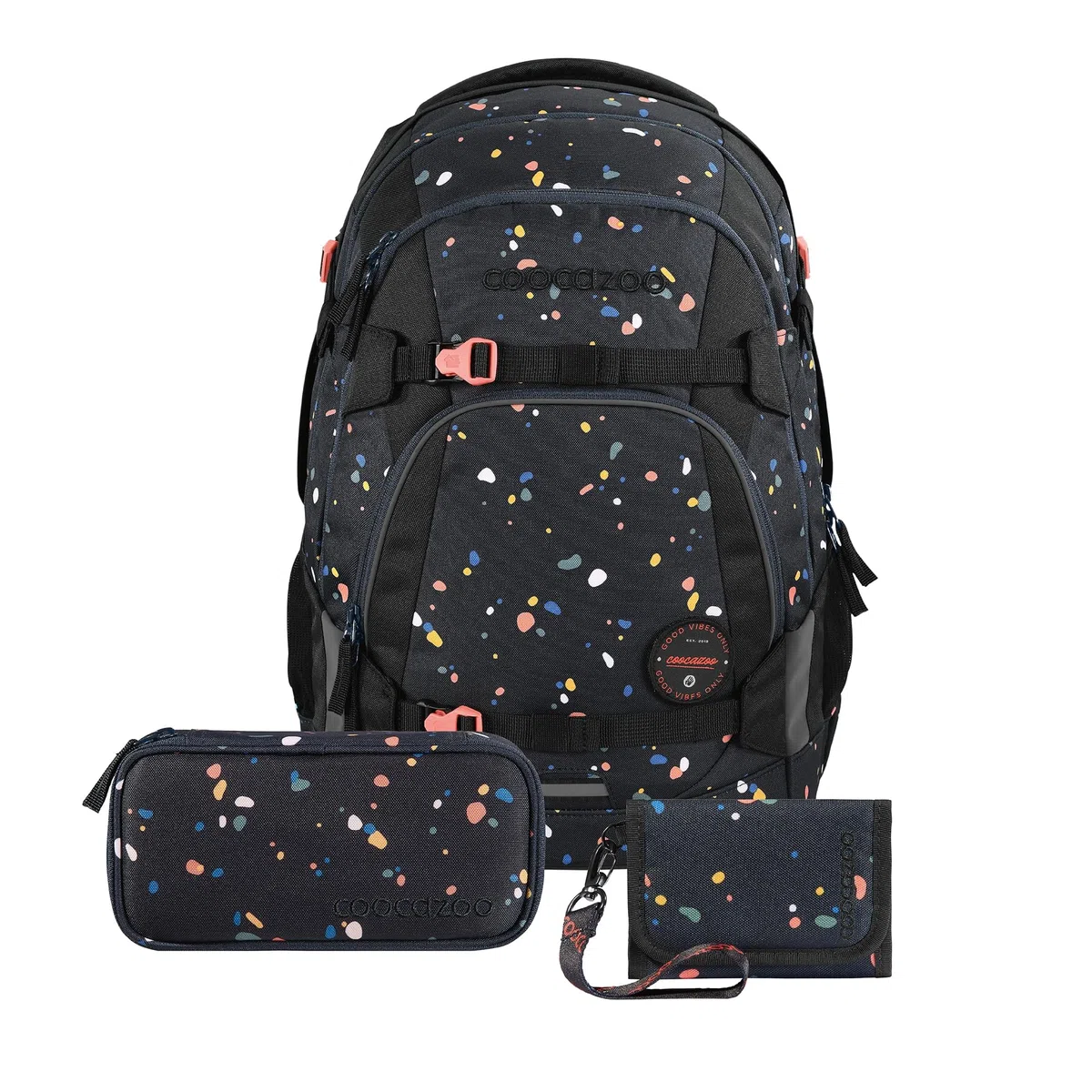 Coocazoo Schulrucksack-Set MATE „Sprinkled Candy“ 3-teilig, schwarz, ergonomischer 30L Tornister, mit Brust- und Hüftgurt für Kinder ab der 5. Klasse, inkl. Mäppchen und Geldbörse