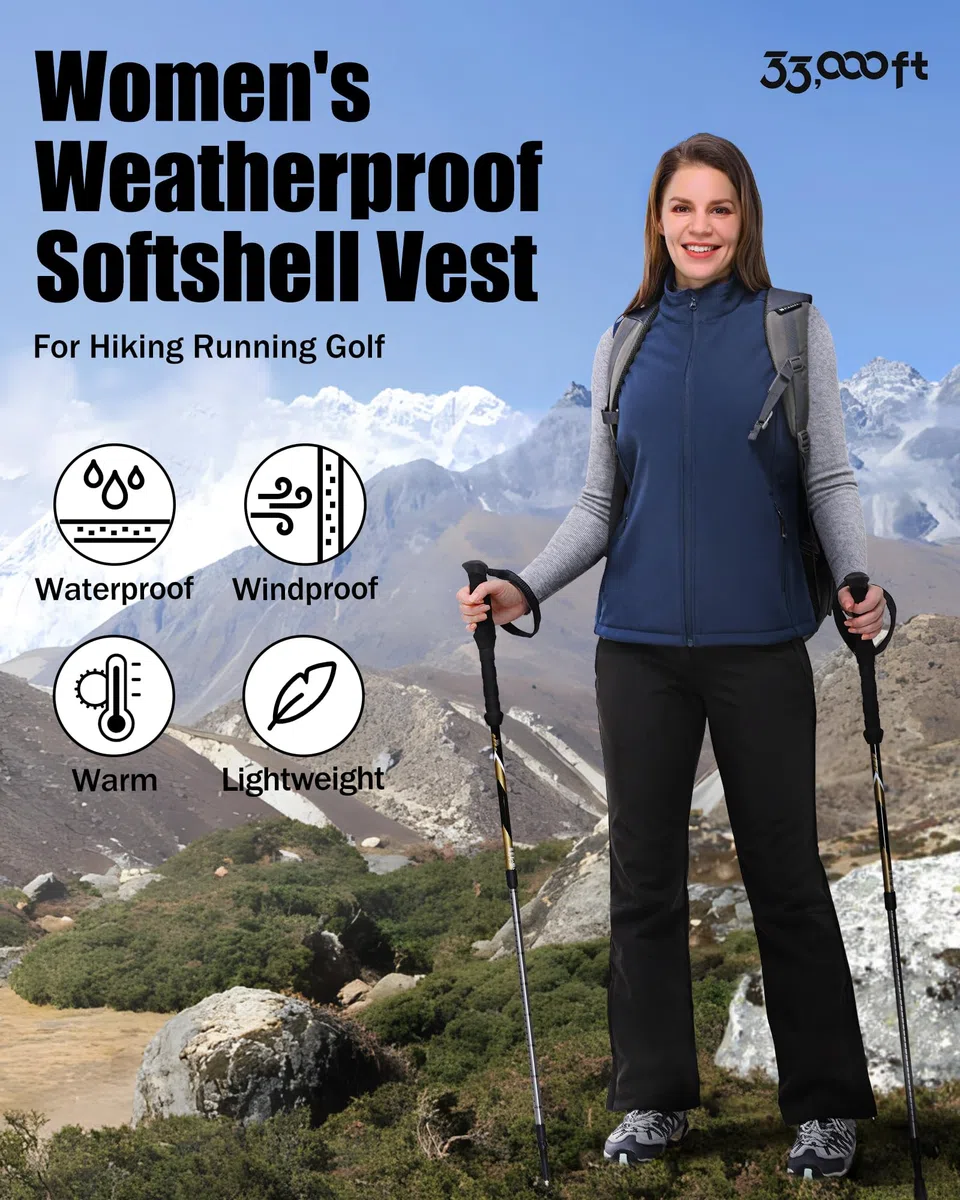 Damen Outdoor Softshell Weste Wasserdicht Ärmellose Jacke Winddichte Fleece für Laufen Golf Wandern 33,000ft