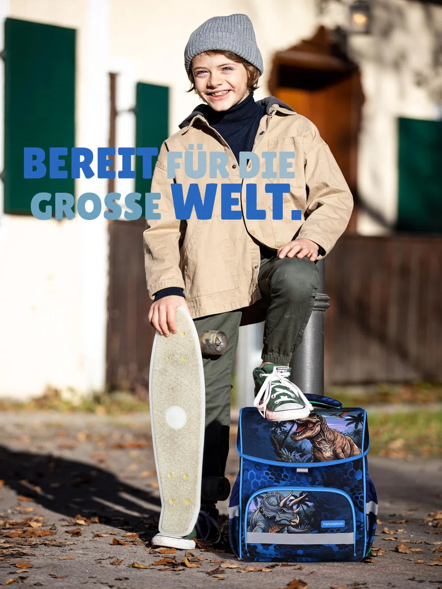 Familando - Basic-Plus Schulranzen Set - 10-teilig mit Schultüte - T-REX Dino - Ergonomisch, stabil & 850g leicht - 15L Volumen - Brustgurt & Reflektoren - Für Grundschule ab 1. Klasse