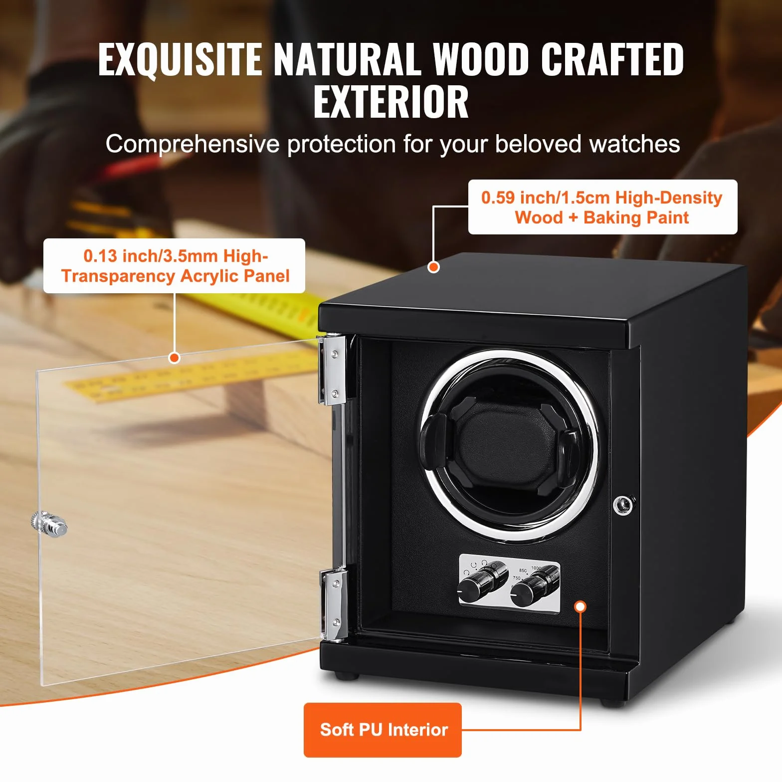 VEVOR Uhrenbeweger, Automatik-Uhrenbeweger, Watch Winder, Uhrenbeweger für Automatikuhren, Automatischer Uhrenbeweger mit Platz für 1 Uhr, LED Beleuchtung, 150–207 mm Einstellbare Riemenlänge