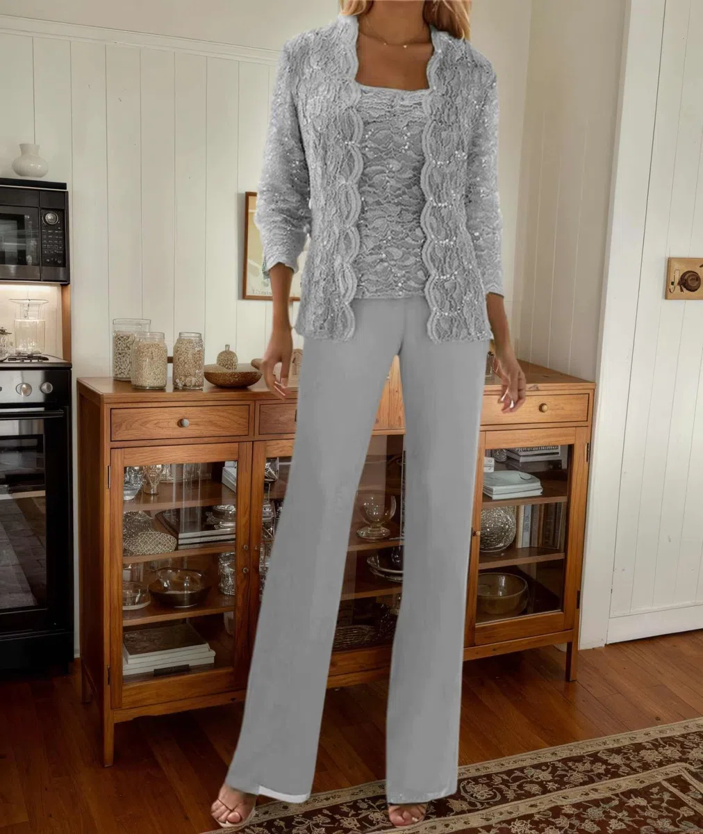 3 Teilig Chiffon Hosenanzug Damen Festlich Elegant - Spitze Pailletten Brautmutterkleider Große Größe Langarm Festlich Formelle Abendanzüge Sets