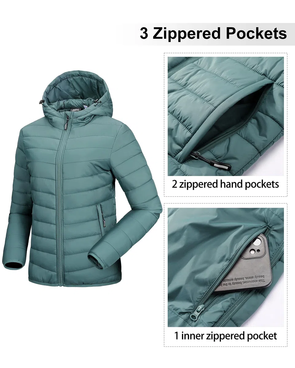 Outdoor Ventures Damen Steppjacke Leichte Packbare Übergangsjacke Warme Winterjacke mit Kapuze für Frauen Gefüttert Pufferjacke mit Taschen für Freizeit Wandern Reisen