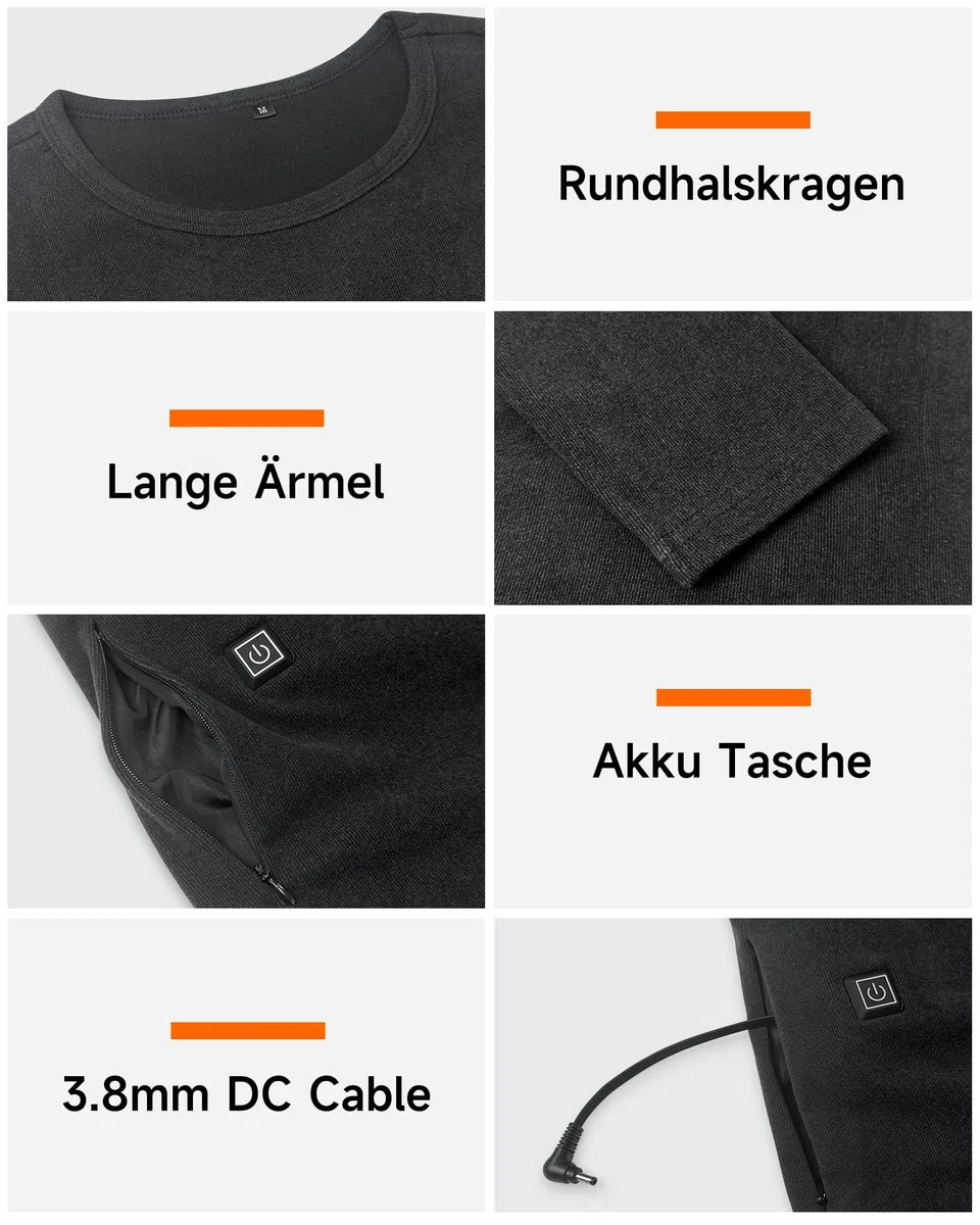 Beheizbare Langarm Shirt Herren mit Power Bank Mittelgewicht Beheizte Thermounterwäsche Oberteile Elektrische Thermounterhemd Basisschicht