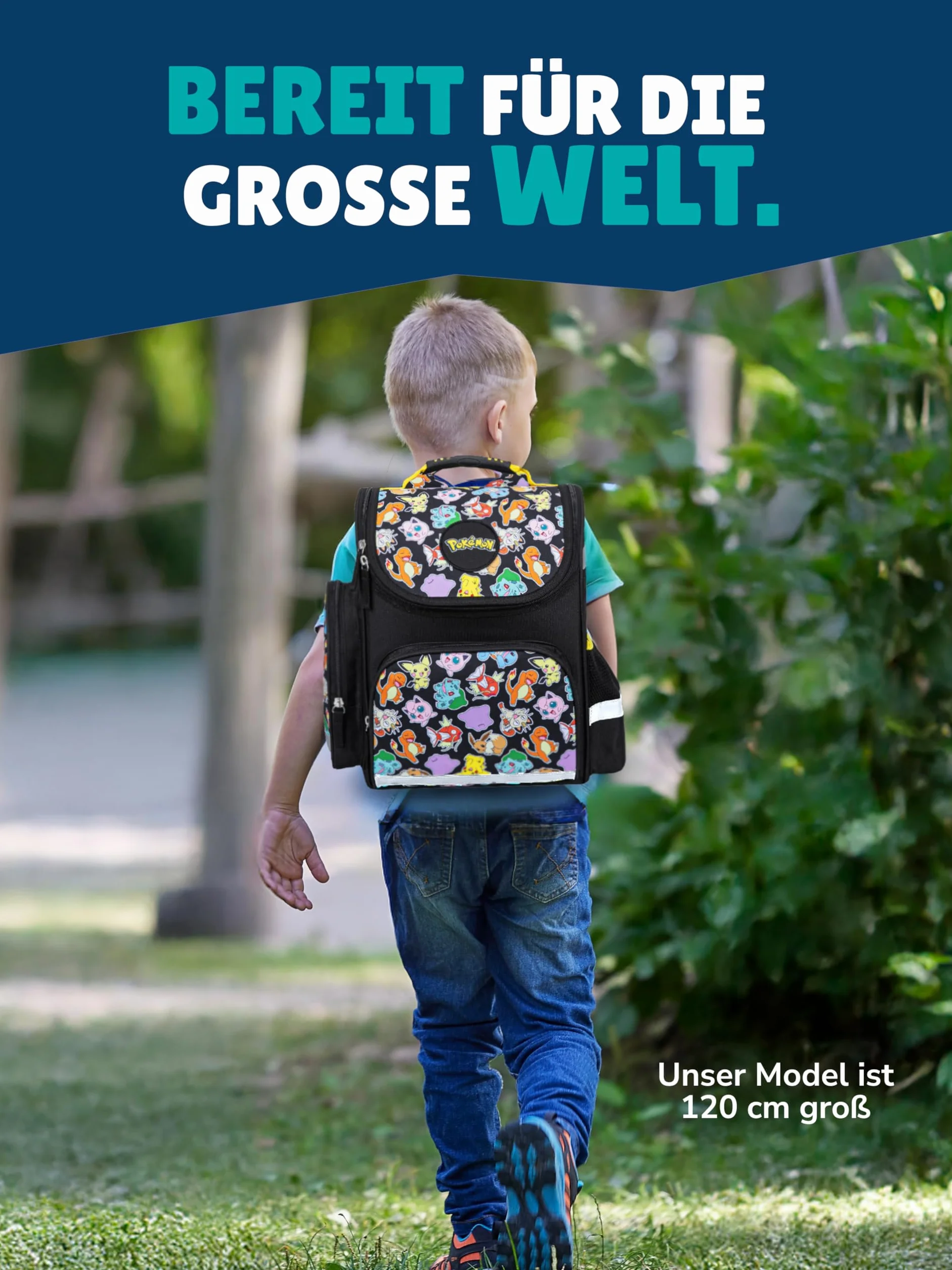 Familando - Schulranzen Set - 6-teilig mit Sporttasche - Pokémon (Pikachu Motiv) - Ergonomisch, stabil & mit gepolstertem Rücken - 1010g leicht - 18L Volumen - Mit Reflektoren - ab 1. Klasse