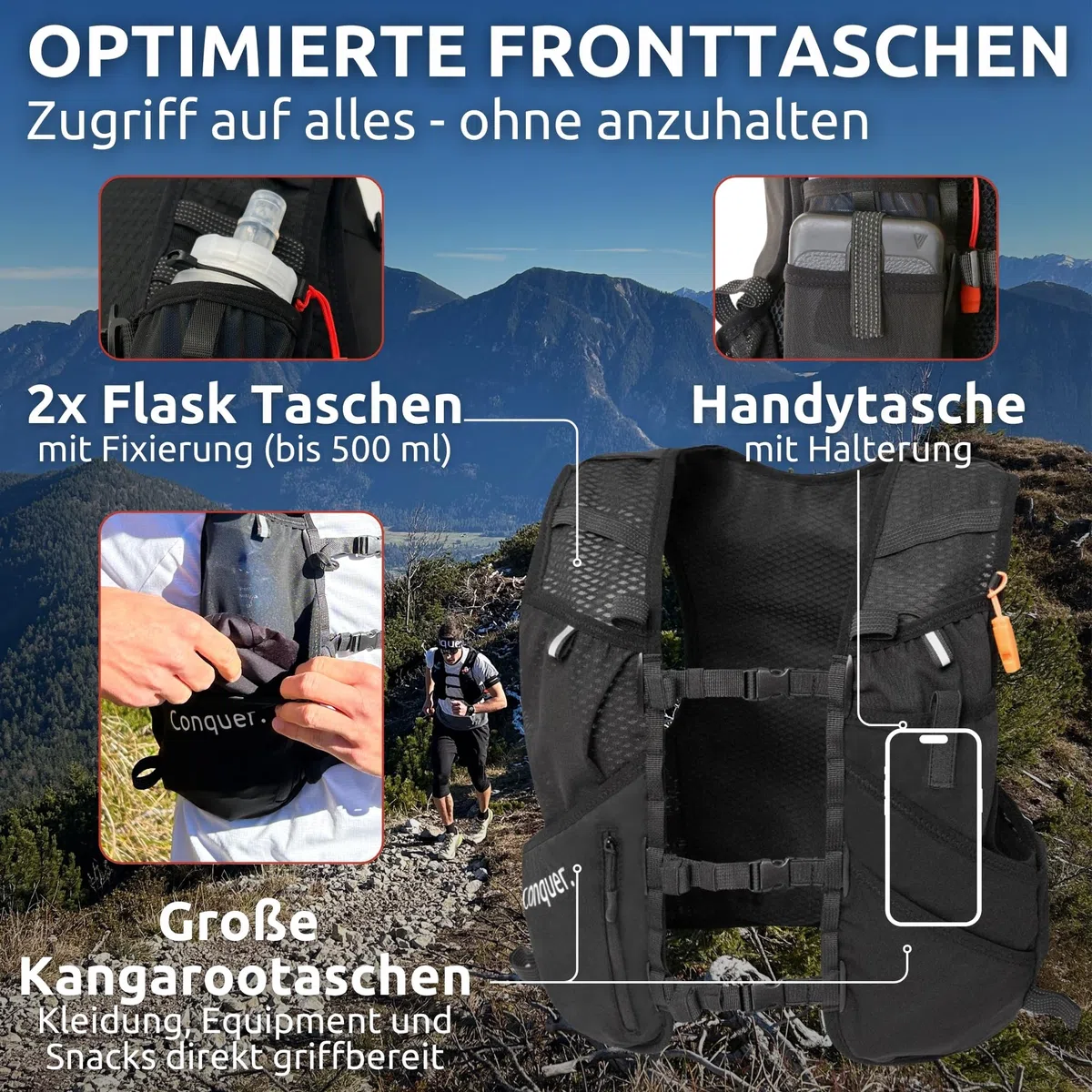 Conquer Laufweste 5L Herren Damen Ultraleichte Trinkweste Trailrunning Joggen Trinkrucksack Soft Flask Fächer Trinkblasen-kompatibel Handytasche Running Vest Marathon
