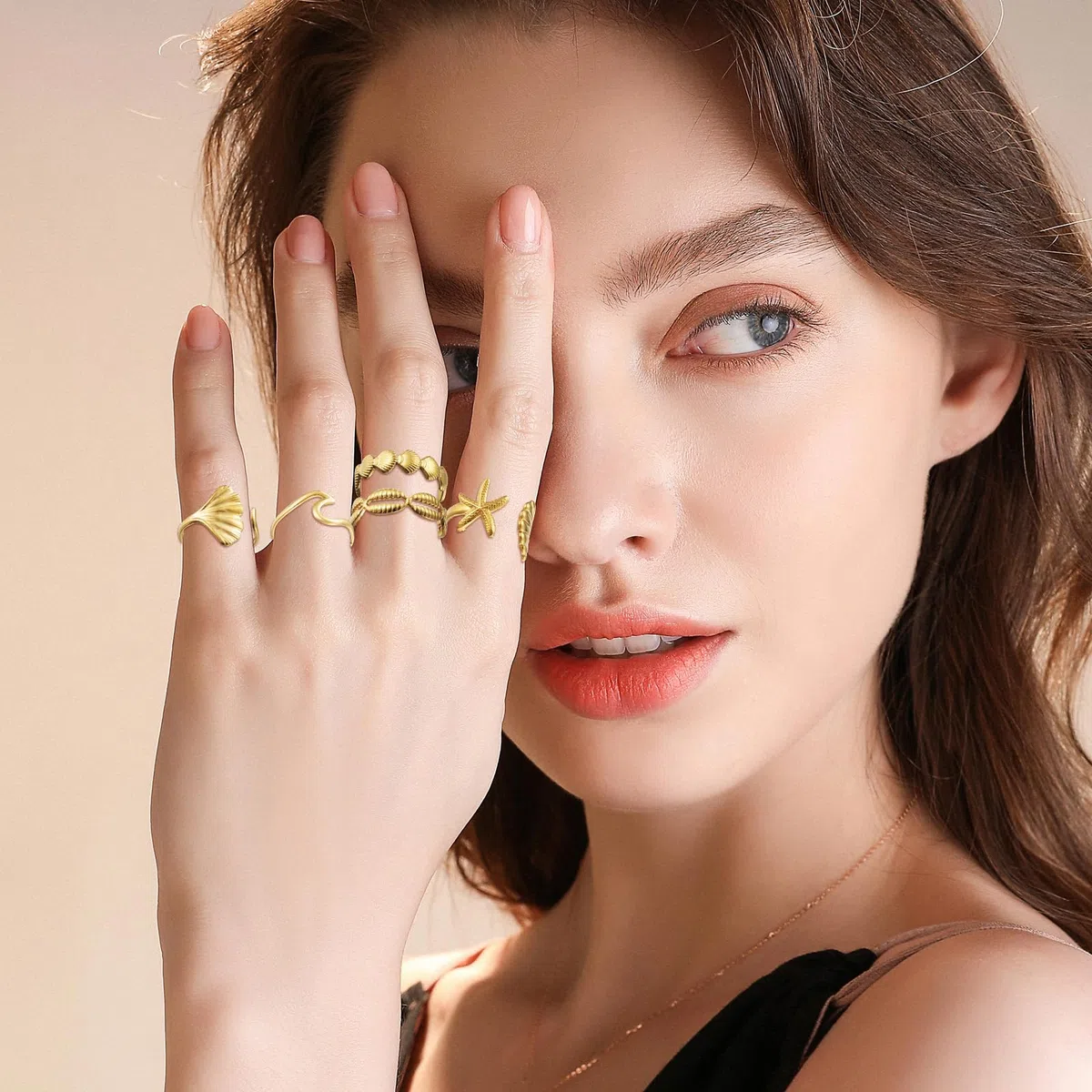 5 Stück Goldene Sommer Ringe Ocean, Seestern Muschel Ring Welle Gold Wasserfest, Muschel Ringe Gestapelt, Ginkgo Blatt Ring Edelstahl, Halb Offener ringen Sommer Schmuck Gold für Frauen und Mädchen