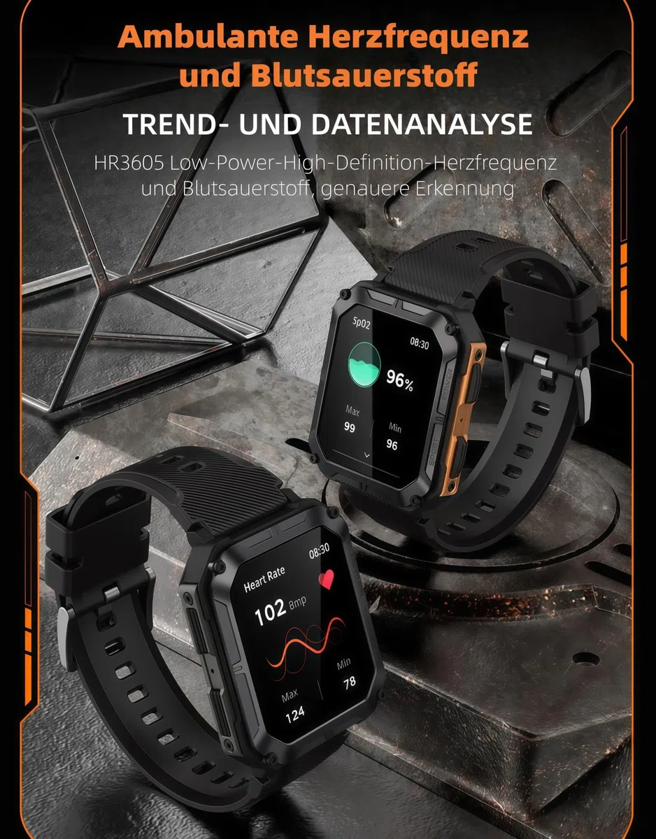 Thor Die Stabilste Smartwatch Originale smarte Sportuhr für Herren mit Telefonfunktion, Schrittzählung, Herzfrequenzüberwachung und Blutdruckmessung (orange Farbe)