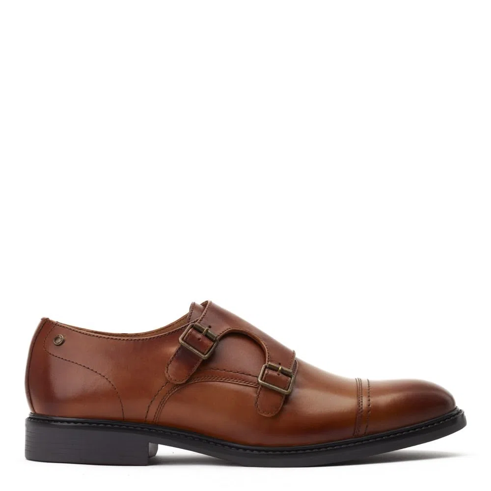 Base London Diablo Herren-Schuhe aus gewachstem Leder, doppelter Mönchriemen, Hellbraun