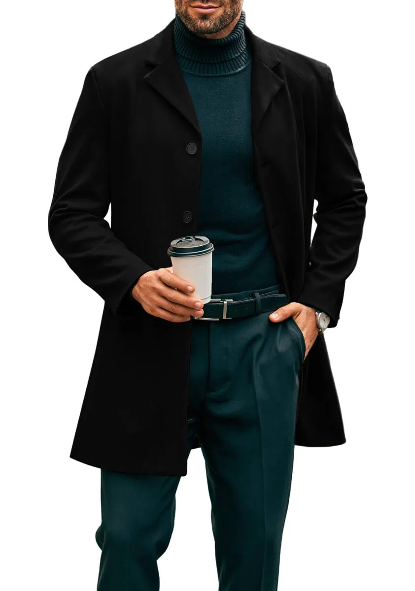 Runcati Herren Mantel Lange Trenchcoat Slim Fit Winter Kerbkragen Jacke Einreiher Business Overcoat